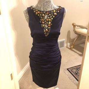 Rhinestone NECK STRETCH SATIN DRESS ( cache )